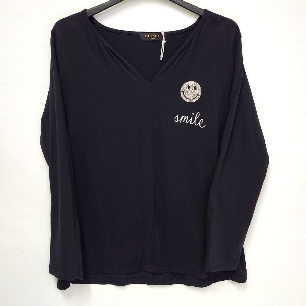 Dis Moi Women's Black Smile Long Sleeved V-Neck Top Size One Size Fits Most